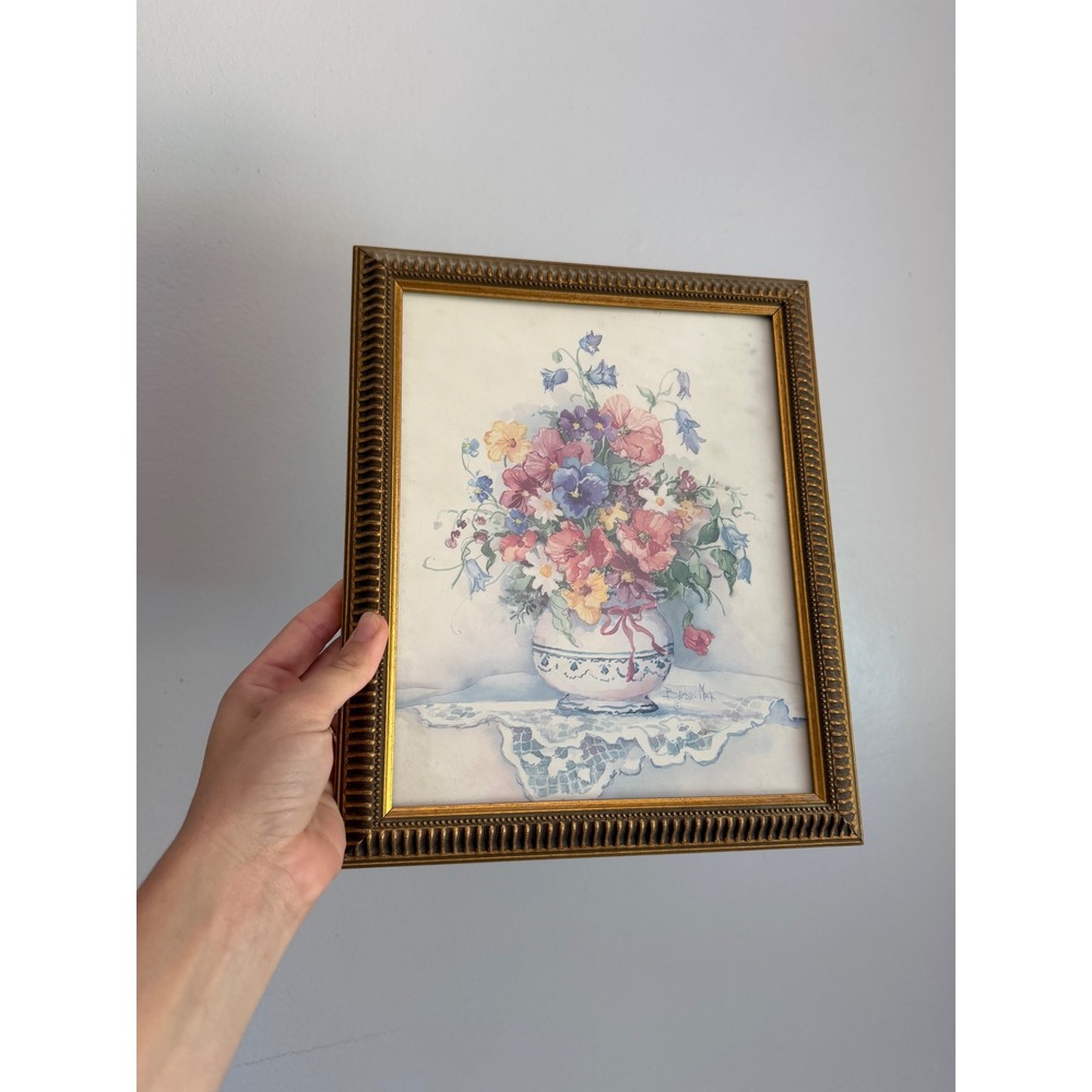 Barbara Mock Country Vases Floral Watercolor Print Gold Framed Impressionist Art